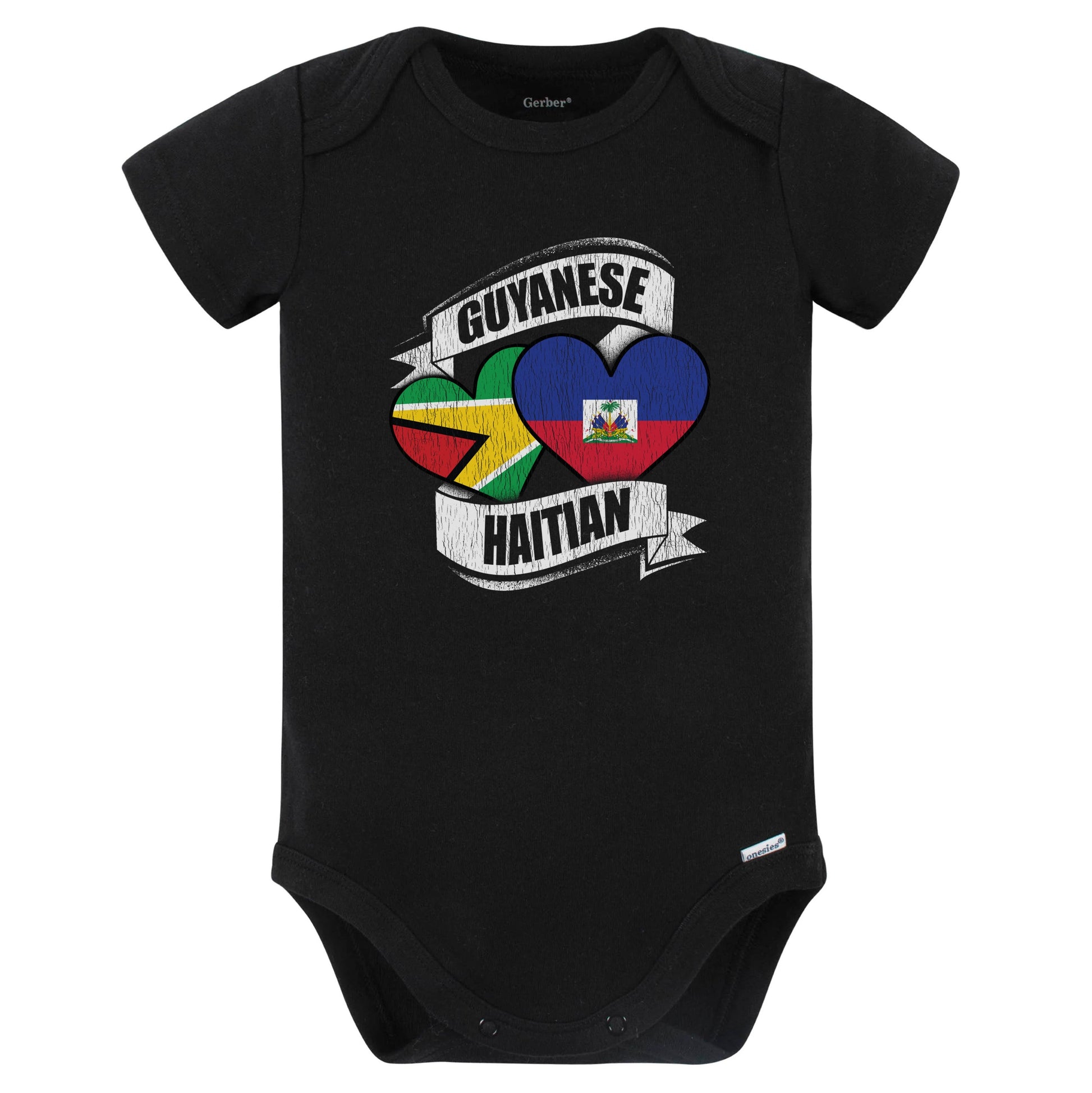 Guyanese Haitian Hearts Guyana Haiti Flags Baby Bodysuit (Black)