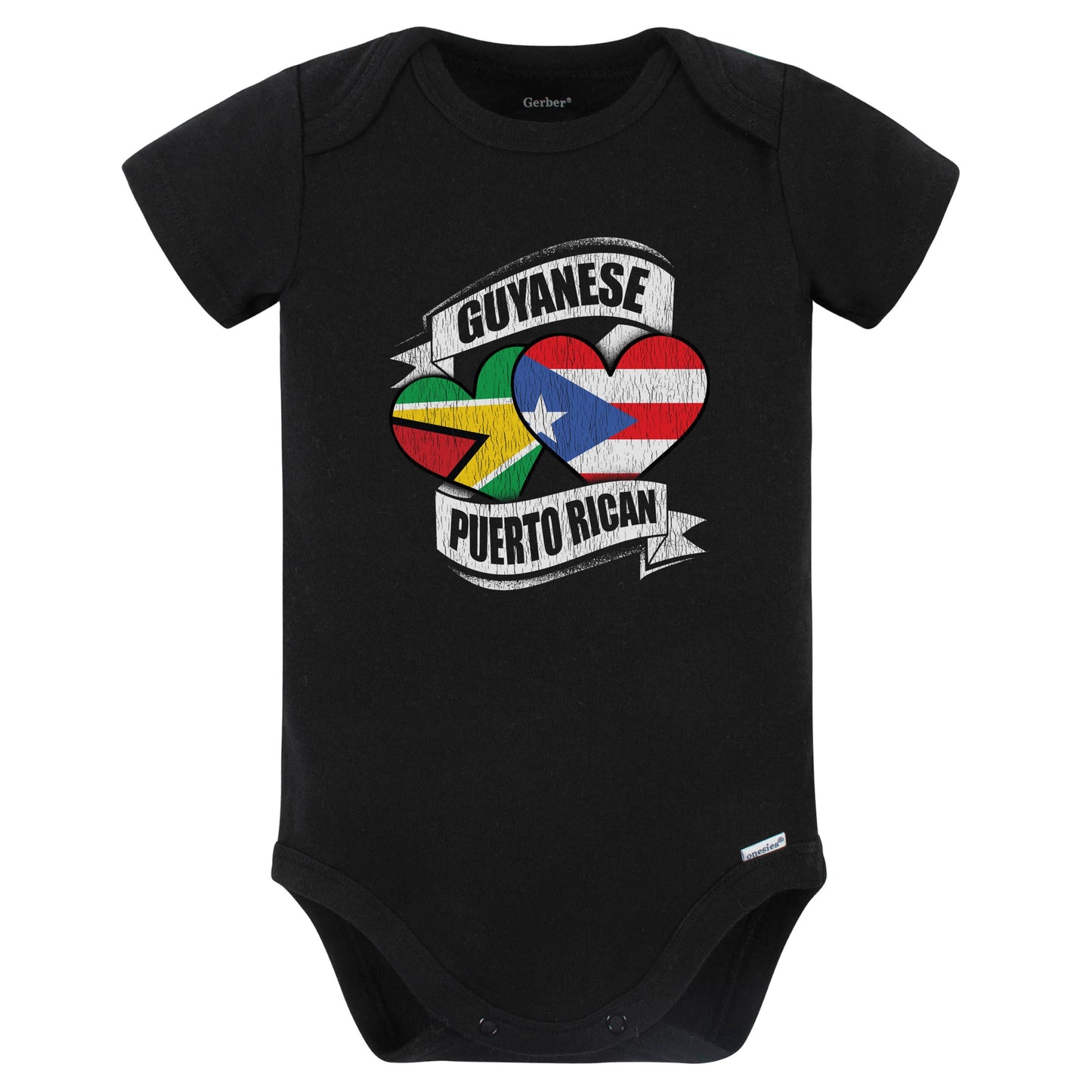 Guyanese Puerto Rican Hearts Guyana Puerto Rico Flags Baby Bodysuit (Black)