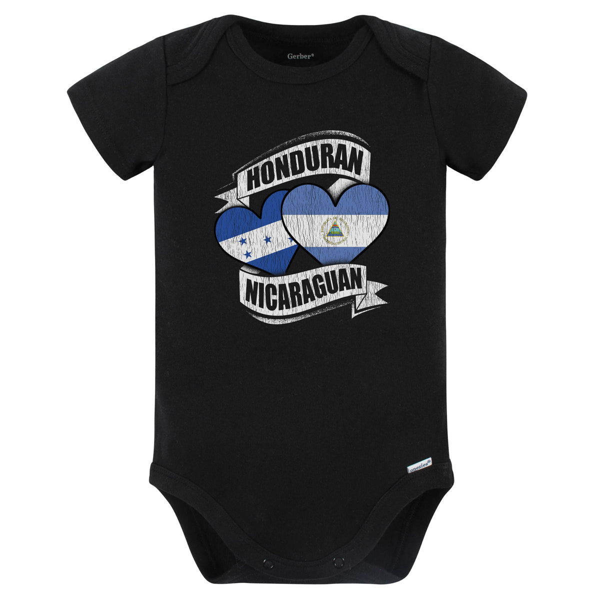 Honduran Nicaraguan Hearts Honduras Nicaragua Flags Baby Bodysuit (Black)