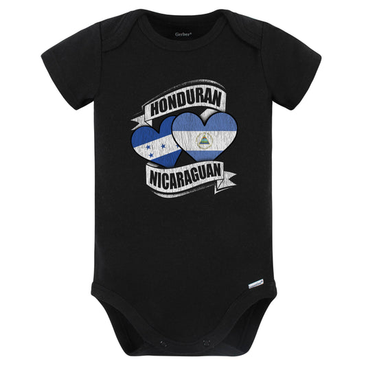 Honduran Nicaraguan Hearts Honduras Nicaragua Flags Baby Bodysuit (Black)