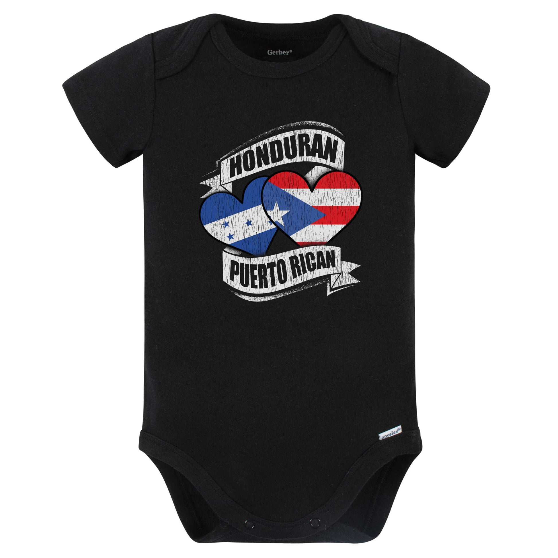 Honduran Puerto Rican Hearts Honduras Puerto Rico Flags Baby Bodysuit (Black)