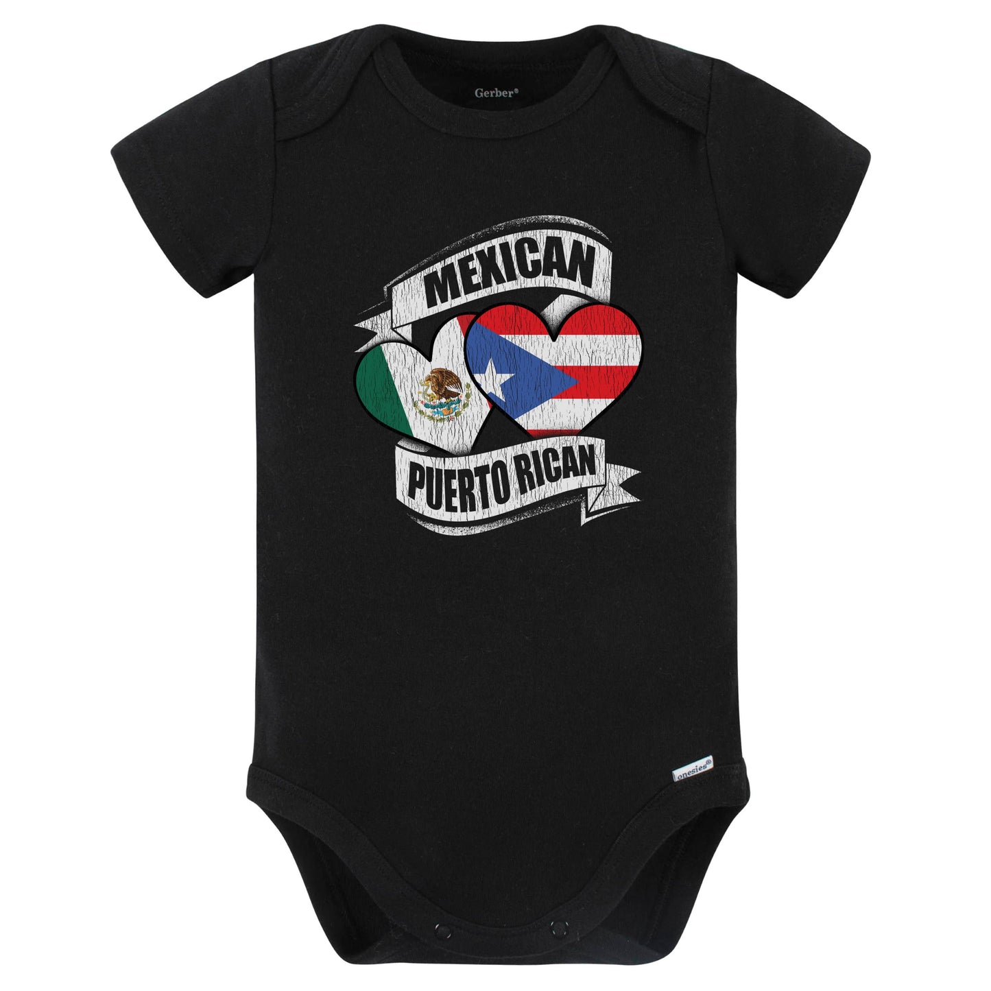 Mexican Puerto Rican Hearts Mexico Puerto Rico Flags Baby Bodysuit (Black)