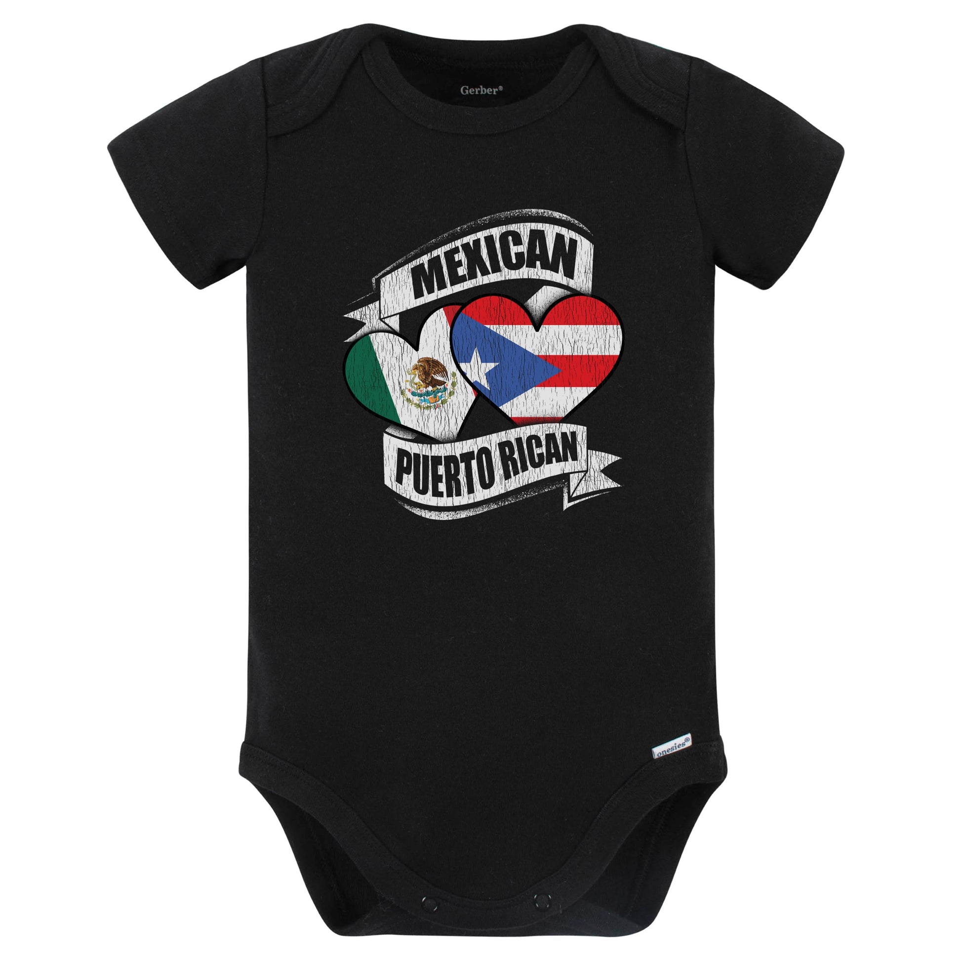 Mexican Puerto Rican Hearts Mexico Puerto Rico Flags Baby Bodysuit (Black)