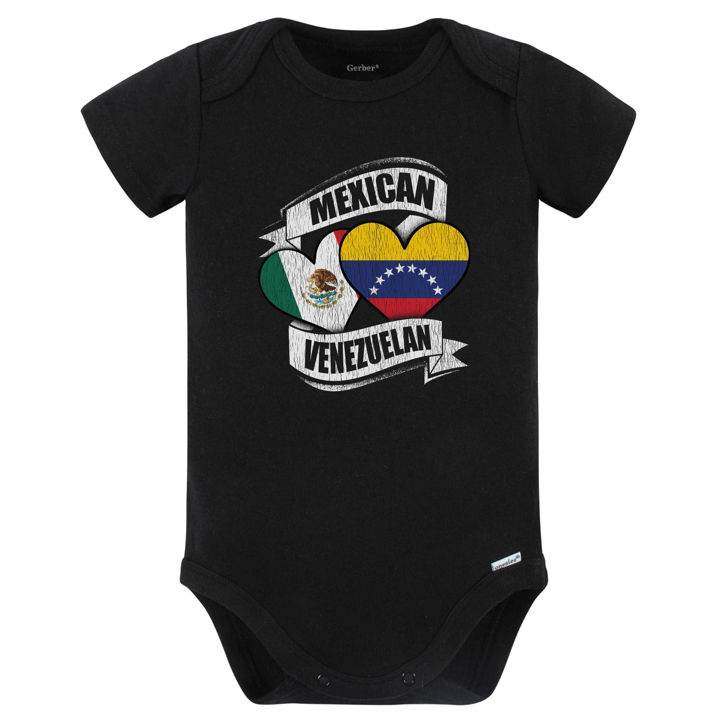 Mexican Venezuelan Hearts Mexico Venezuela Flags Baby Bodysuit (Black)