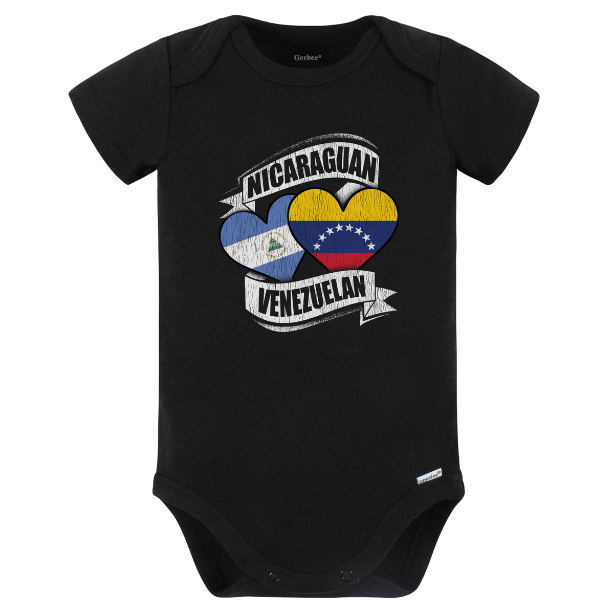 Nicaraguan Venezuelan Hearts Nicaragua Venezuela Flags Baby Bodysuit (Black)