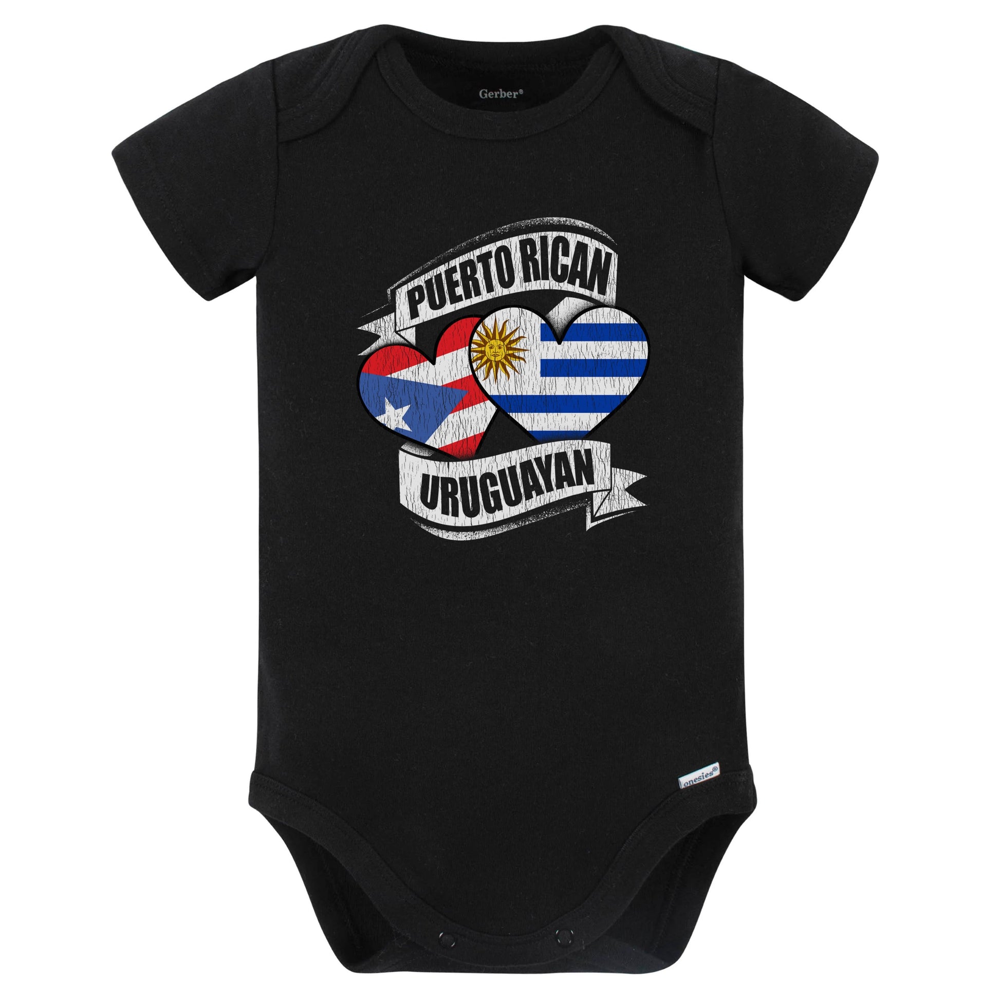 Puerto Rican Uruguayan Hearts Puerto Rico Uruguay Flags Baby Bodysuit (Black)