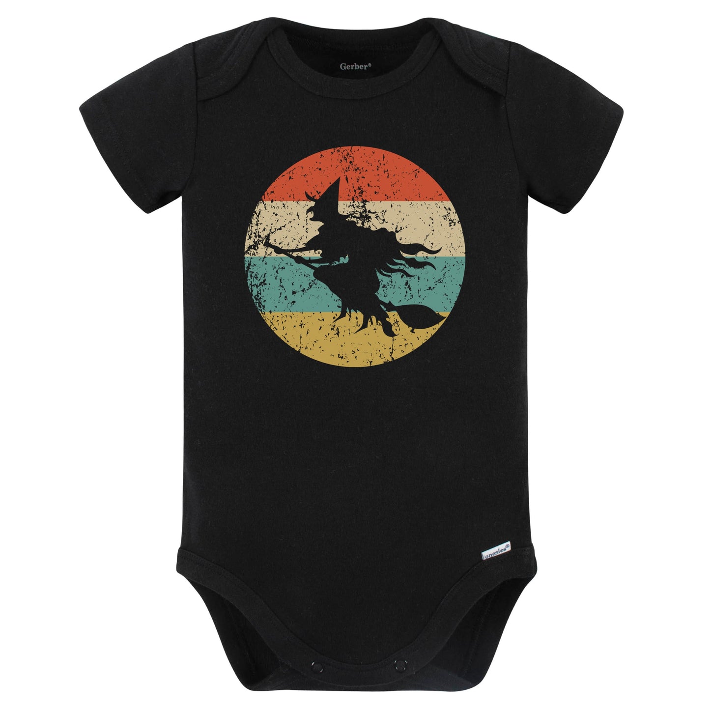 Retro Spooky Scary Flying Witch Silhouette Halloween Baby Bodysuit (Black)