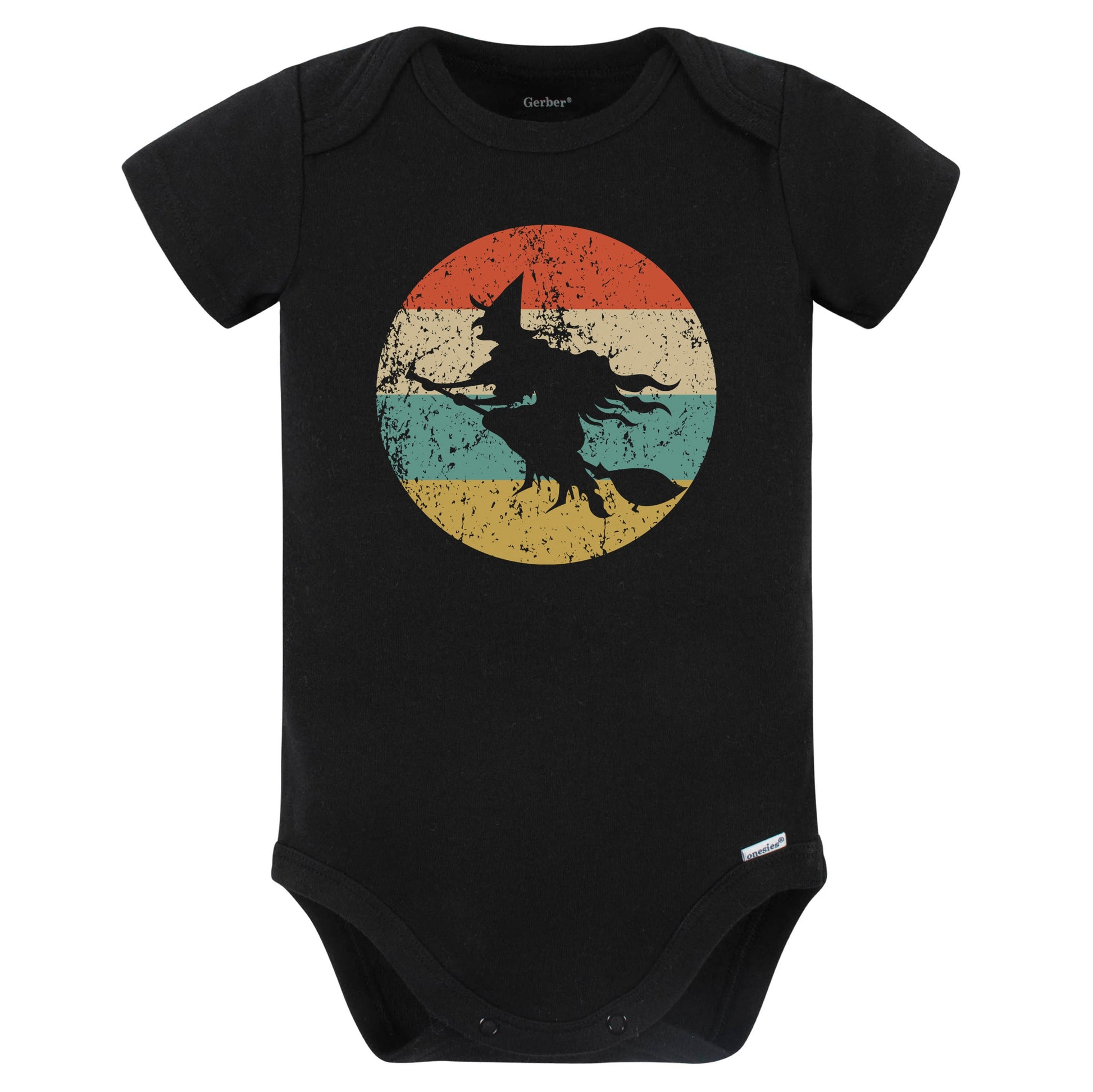 Retro Spooky Scary Flying Witch Silhouette Halloween Baby Bodysuit (Black)