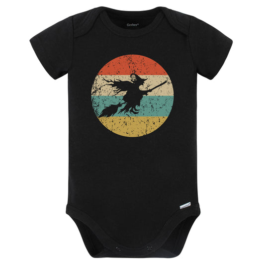 Halloween Spooky Scary Flying Witch Silhouette Retro Baby Bodysuit (Black)