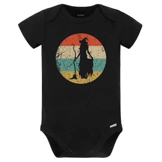 Retro Spooky Scary Witch with Broom Silhouette Halloween Baby Bodysuit (Black)