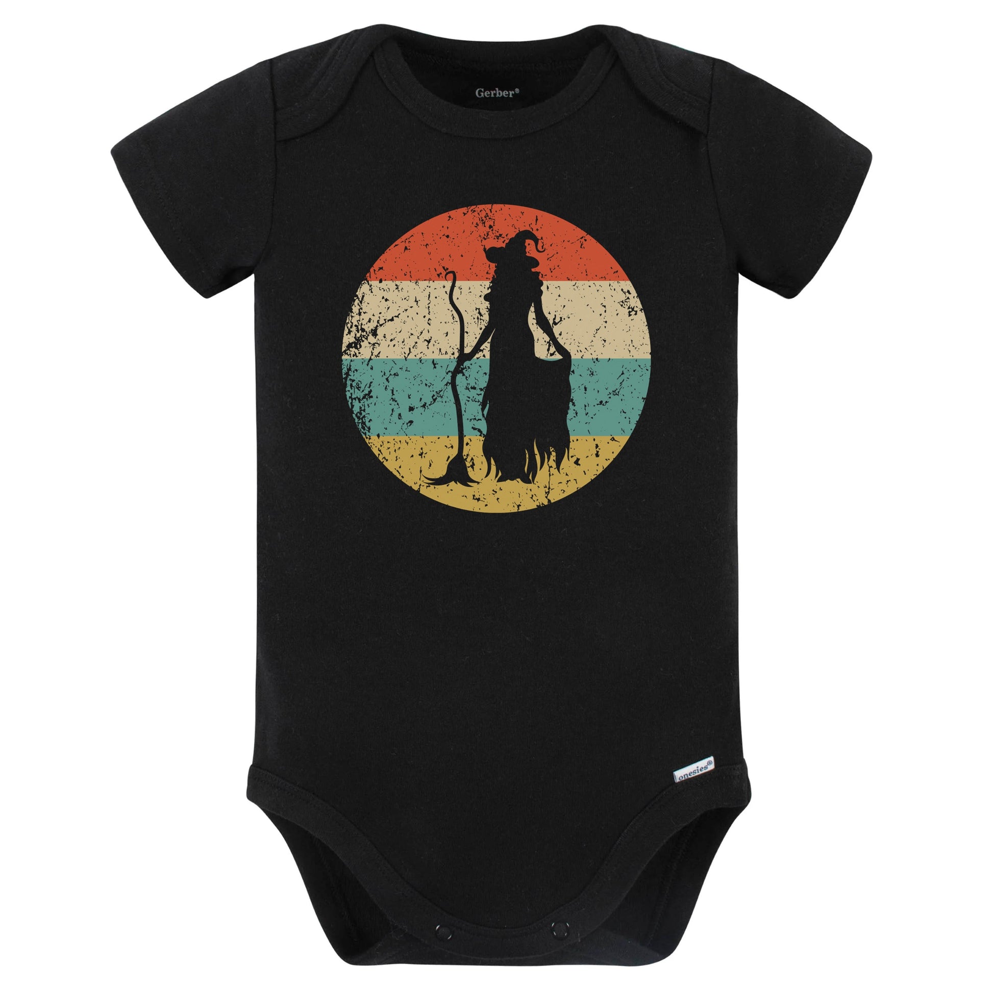 Retro Spooky Scary Witch with Broom Silhouette Halloween Baby Bodysuit (Black)