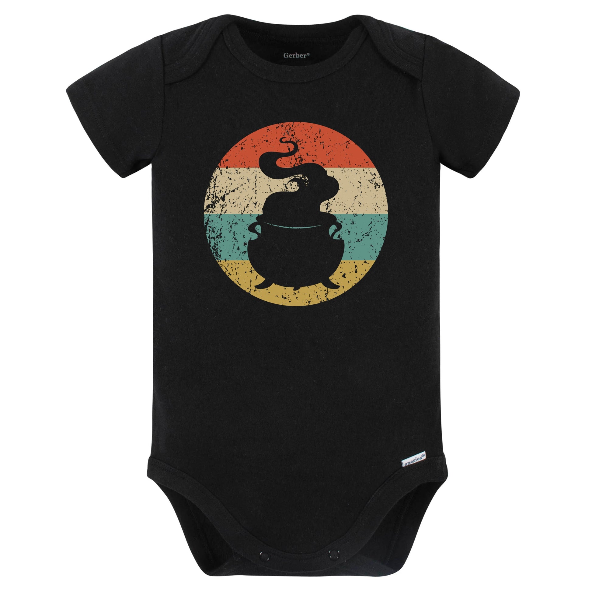Retro Spooky Scary Witch Cauldron Silhouette Halloween Baby Bodysuit (Black)