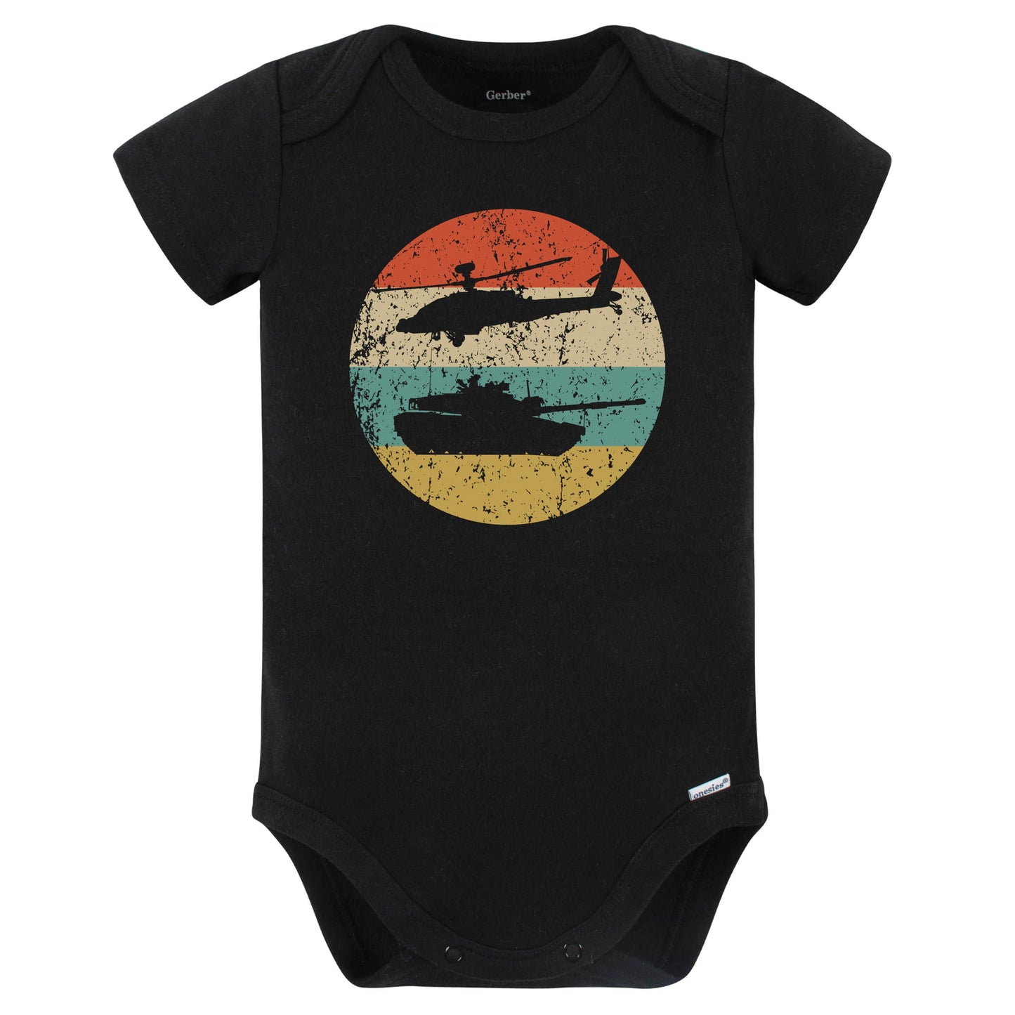 Chinook Helicopter and Tank Silhouette Retro Military Baby Bodysuit (Black)