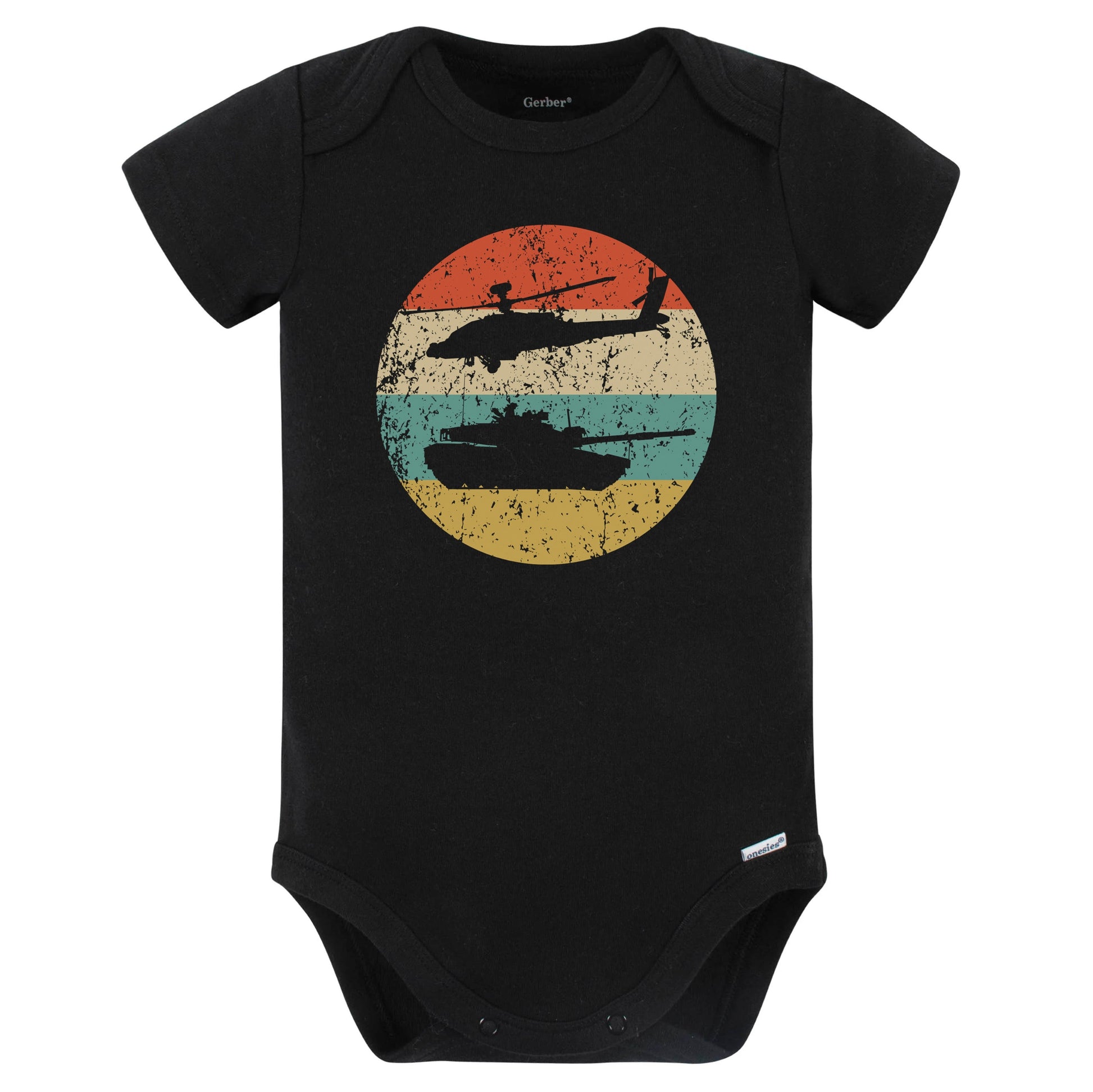 Chinook Helicopter and Tank Silhouette Retro Military Baby Bodysuit (Black)
