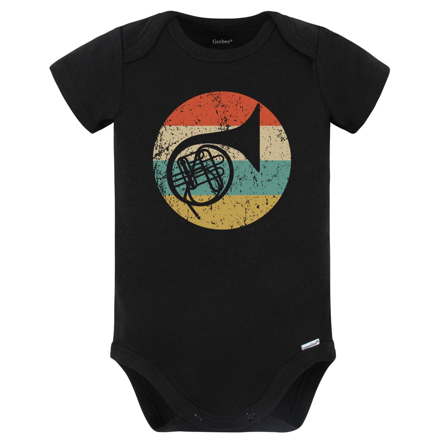 French Horn Retro Music Musician Musical Instrument Baby Bodysuit (Black)
