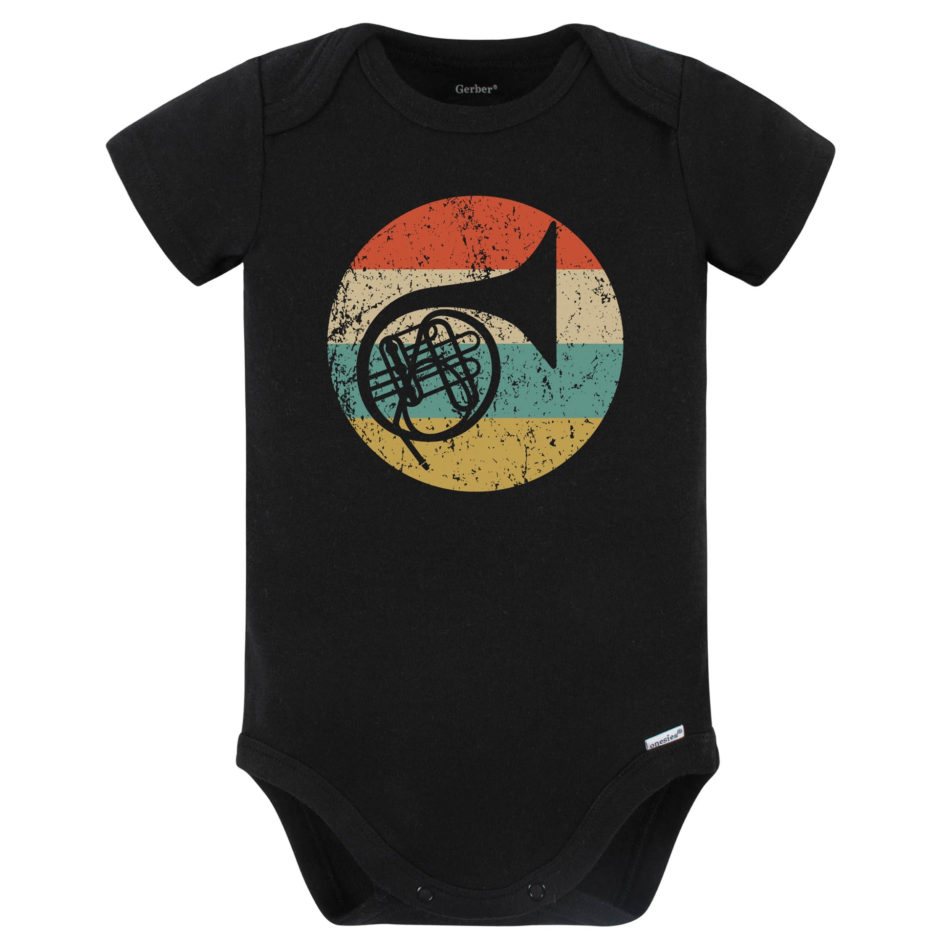 French Horn Retro Music Musician Musical Instrument Baby Bodysuit (Black)