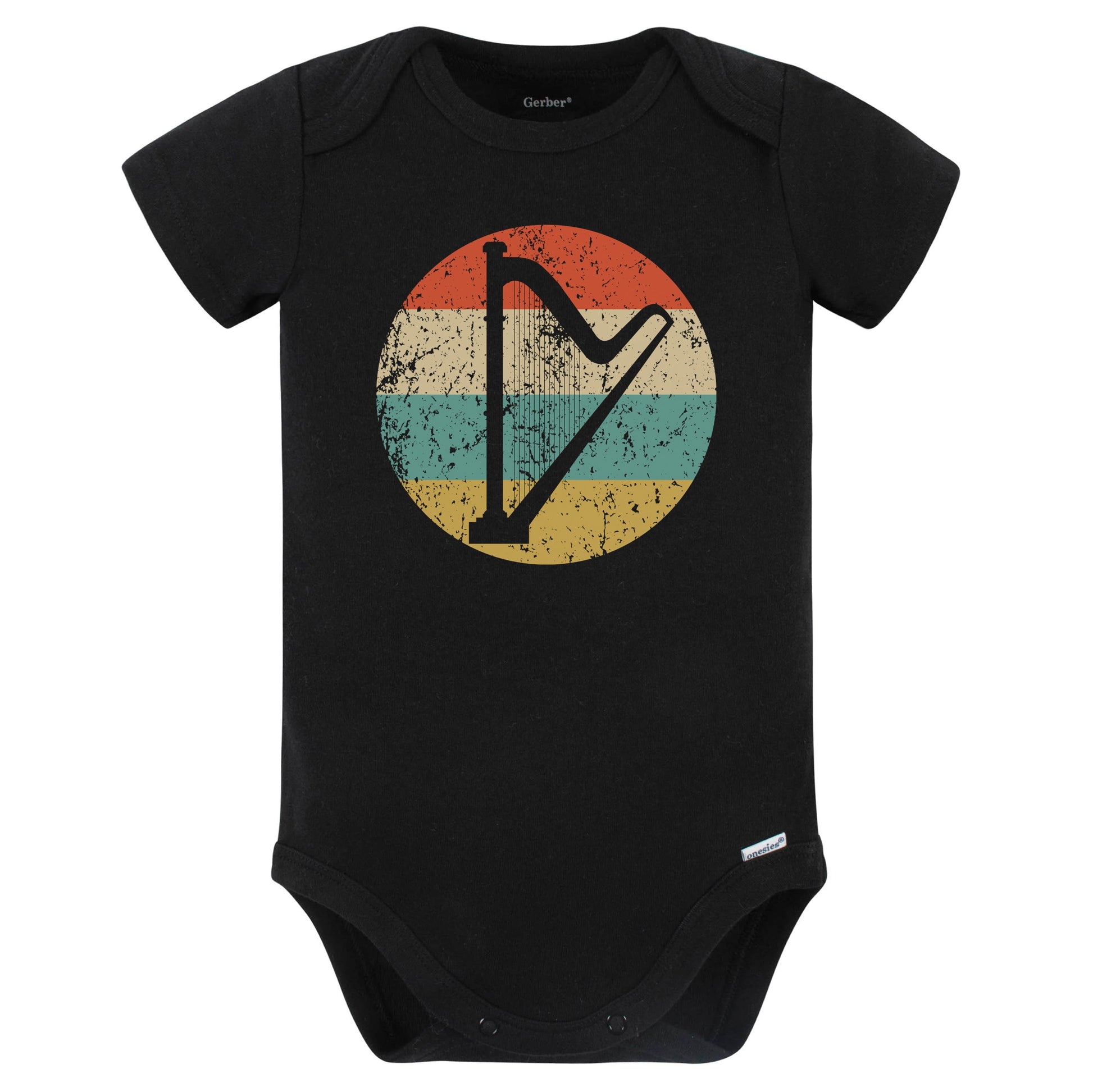 Harp Silhouette Retro Music Musician Musical Instrument Baby Bodysuit (Black)