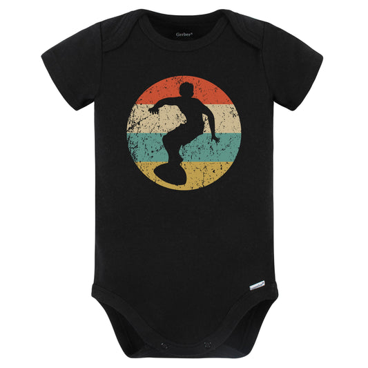 Surfer Silhouette Retro Surfing Baby Bodysuit (Black)