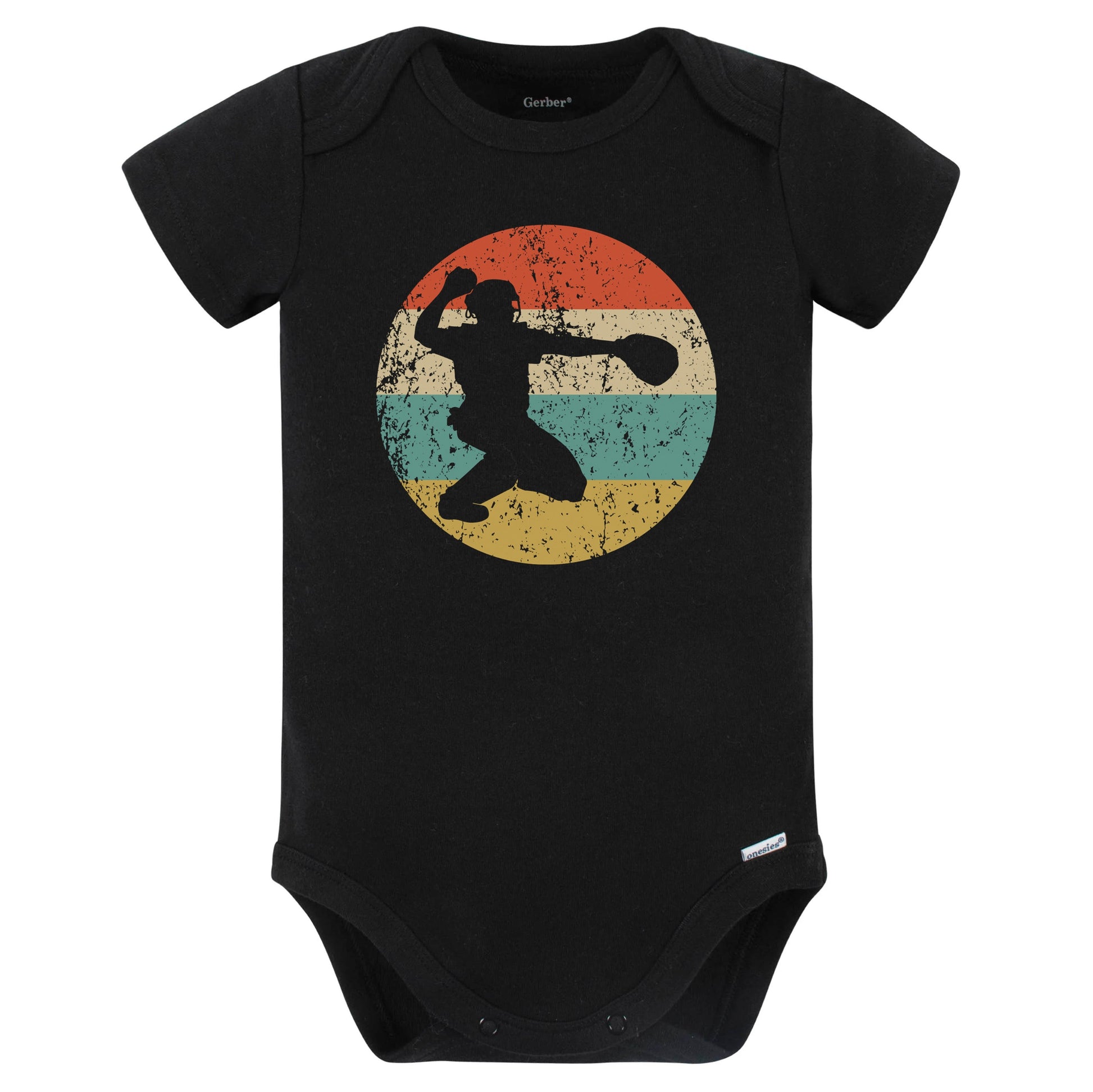 Baseball Player Catcher Silhouette Retro Sports Baby Bodysuit (Black)