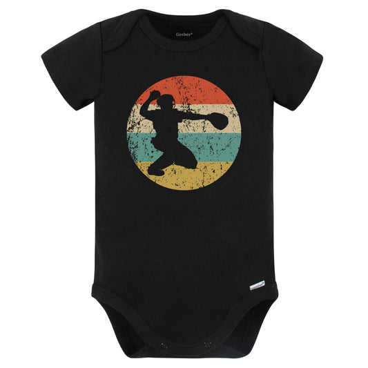 Baseball Player Catcher Silhouette Retro Sports Baby Bodysuit (Black)