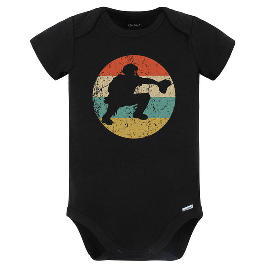 Baseball Catcher Silhouette Retro Baseball Baby Bodysuit (Black)