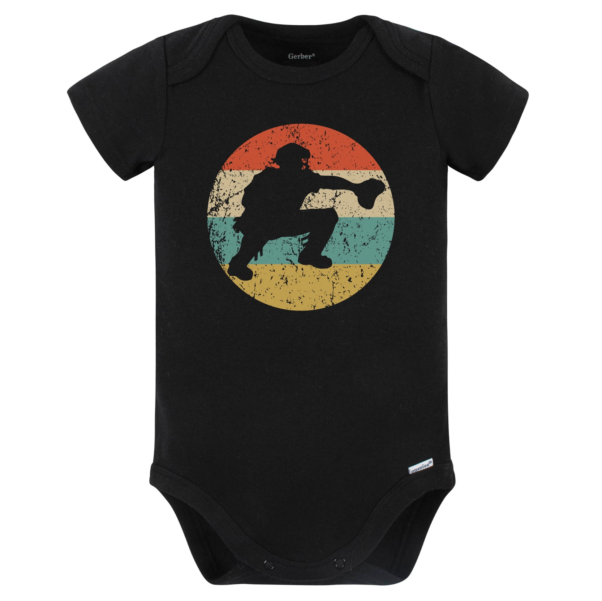 Baseball Catcher Silhouette Retro Baseball Baby Bodysuit (Black)