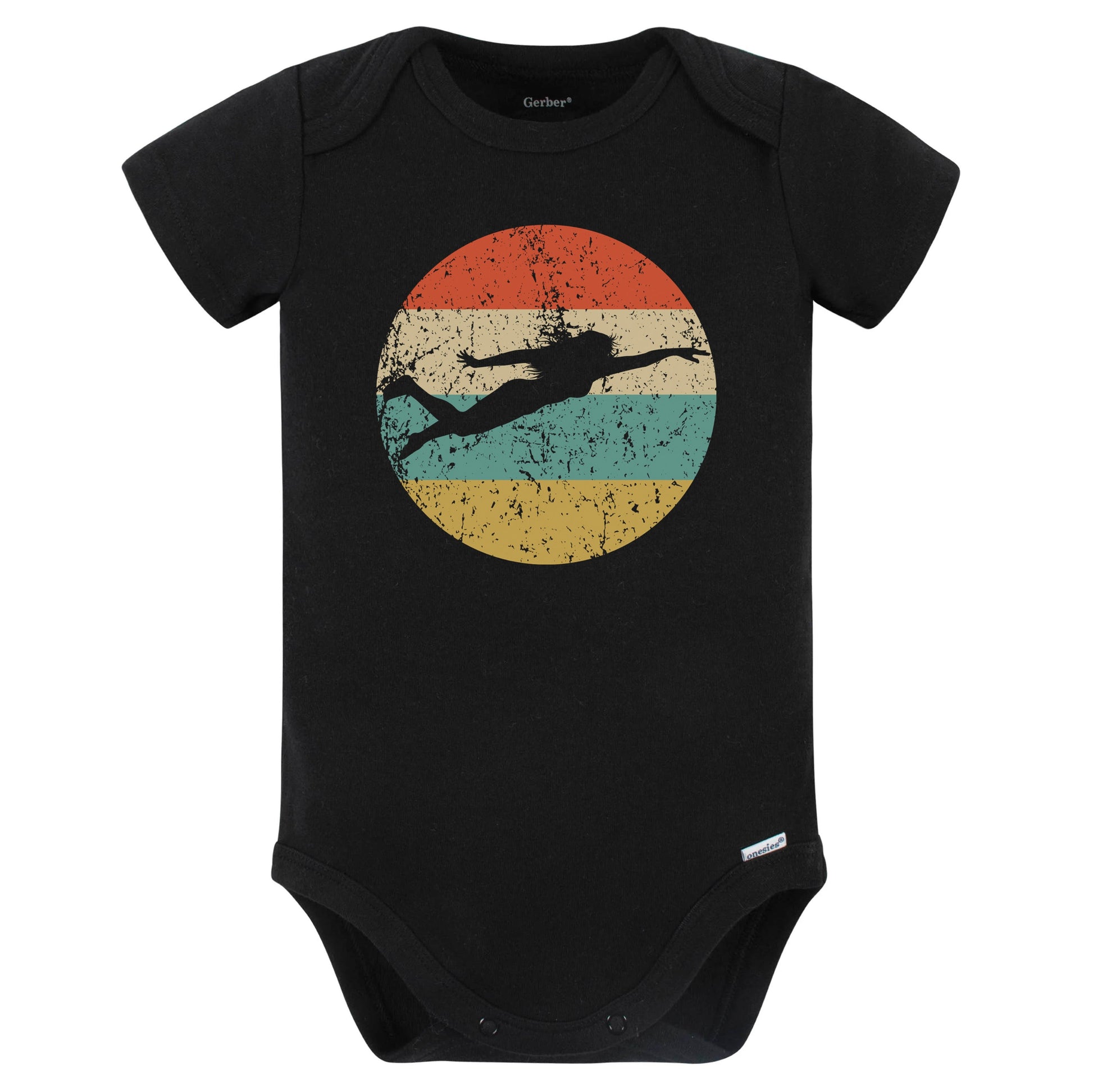 Female Swimmer Silhouette Retro Swimming Baby Bodysuit (Black)