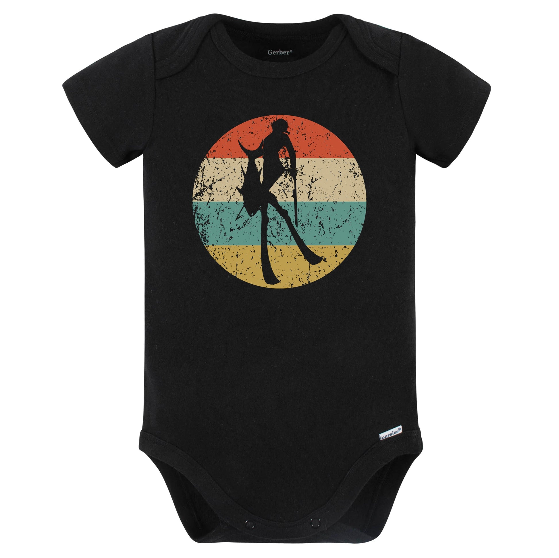 Spearfisherman Silhouette Retro Spearfishing Baby Bodysuit (Black)