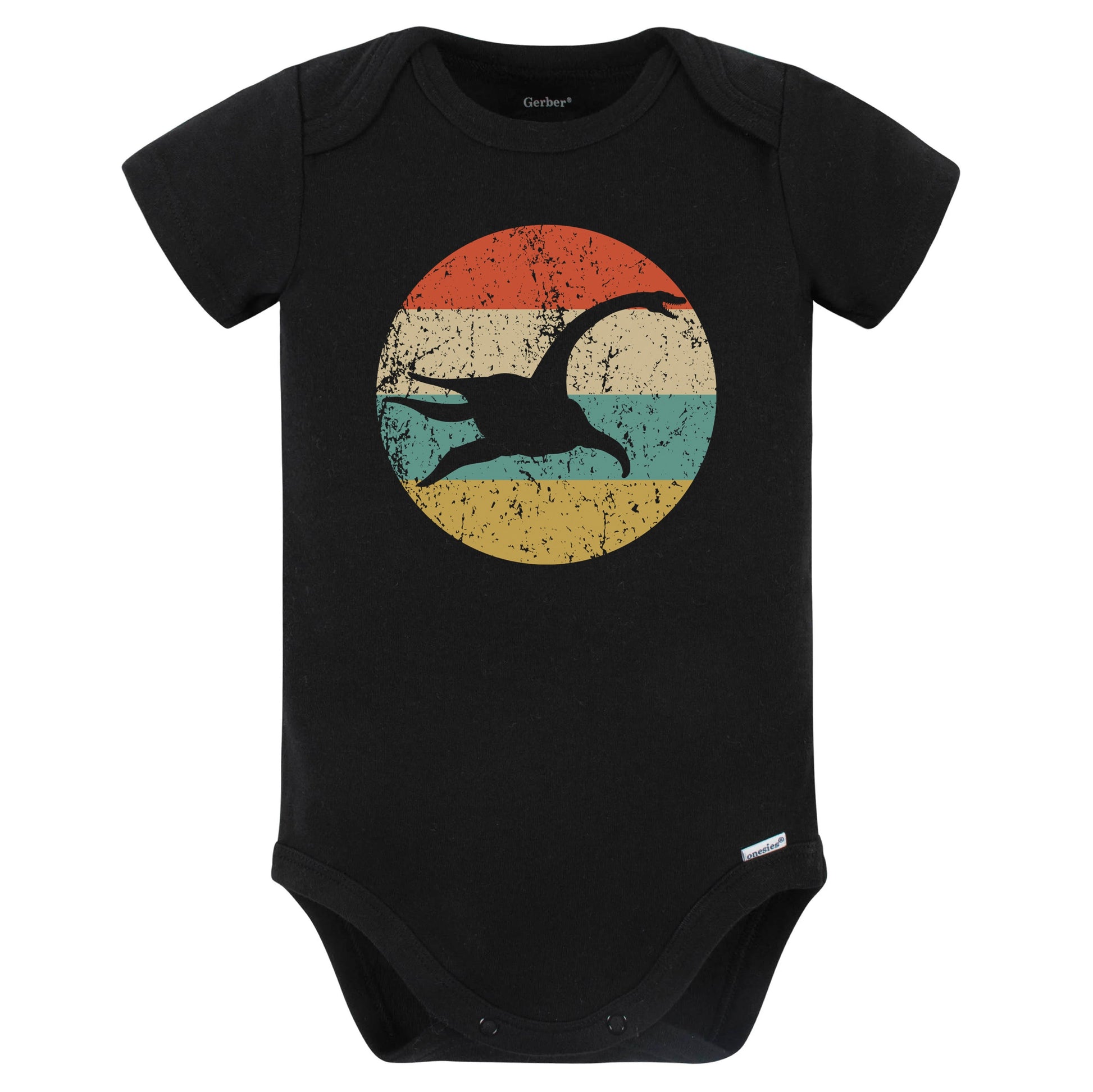 Plesiosaur Silhouette Retro Dinosaur Baby Bodysuit (Black)