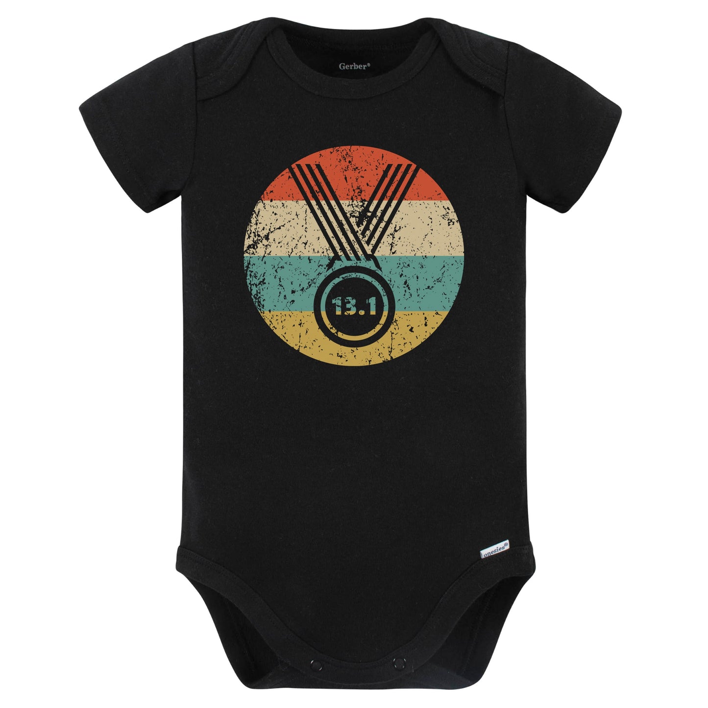 13.1 Miles Half Marathon Finisher Medal Icon Retro Running Baby Bodysuit (Black)