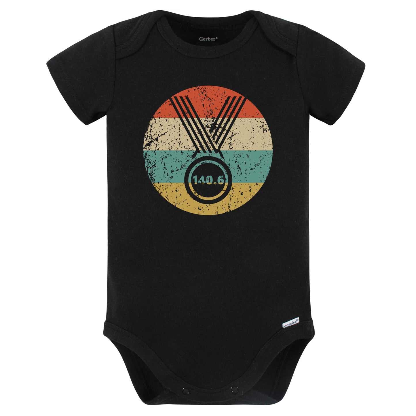 140.6 Triathlon Finisher Medal Icon Retro Triathlete Baby Bodysuit (Black)