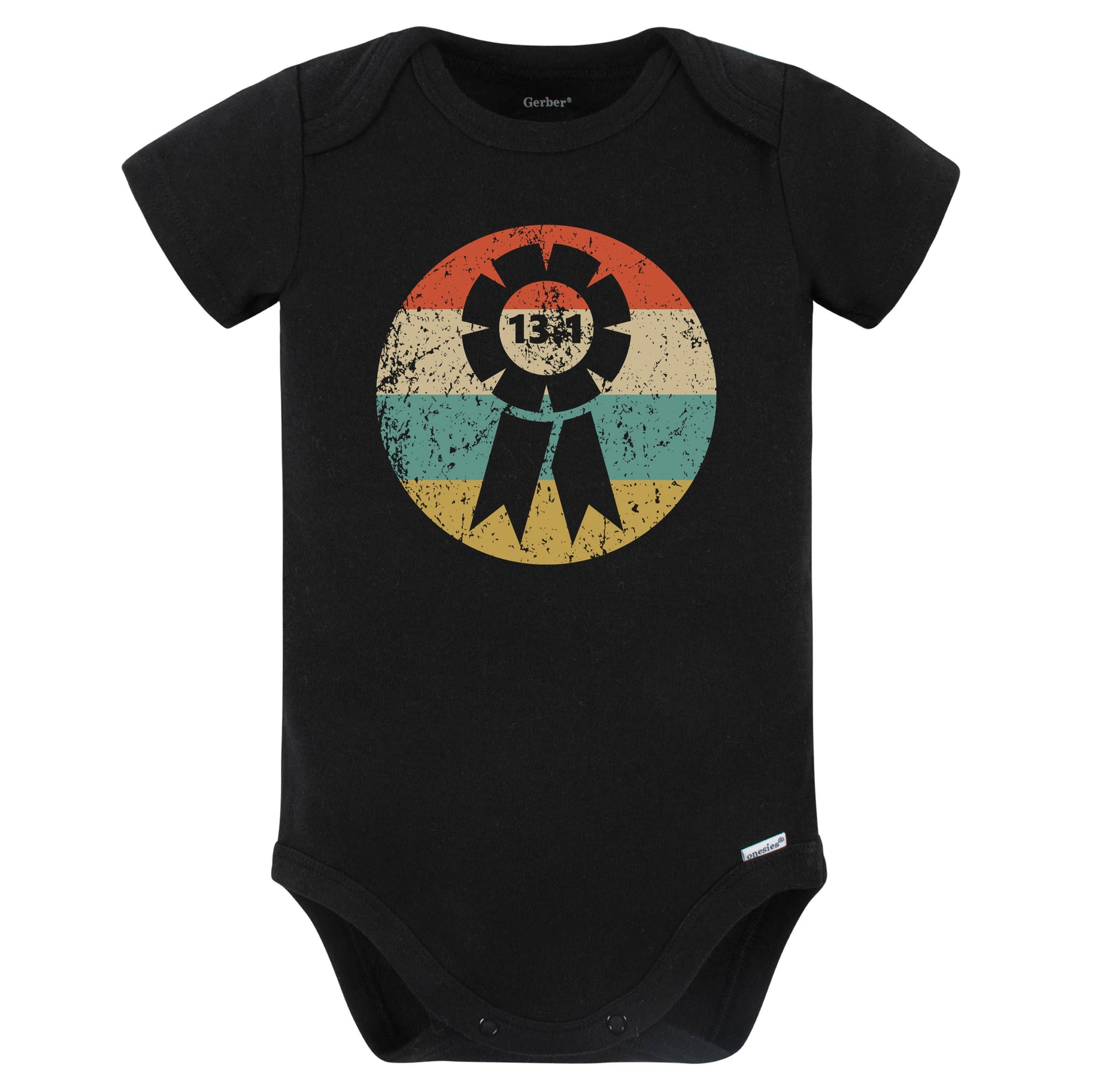 13.1 Miles Half Marathon Finisher Ribbon Icon Retro Running Baby Bodysuit (Black)