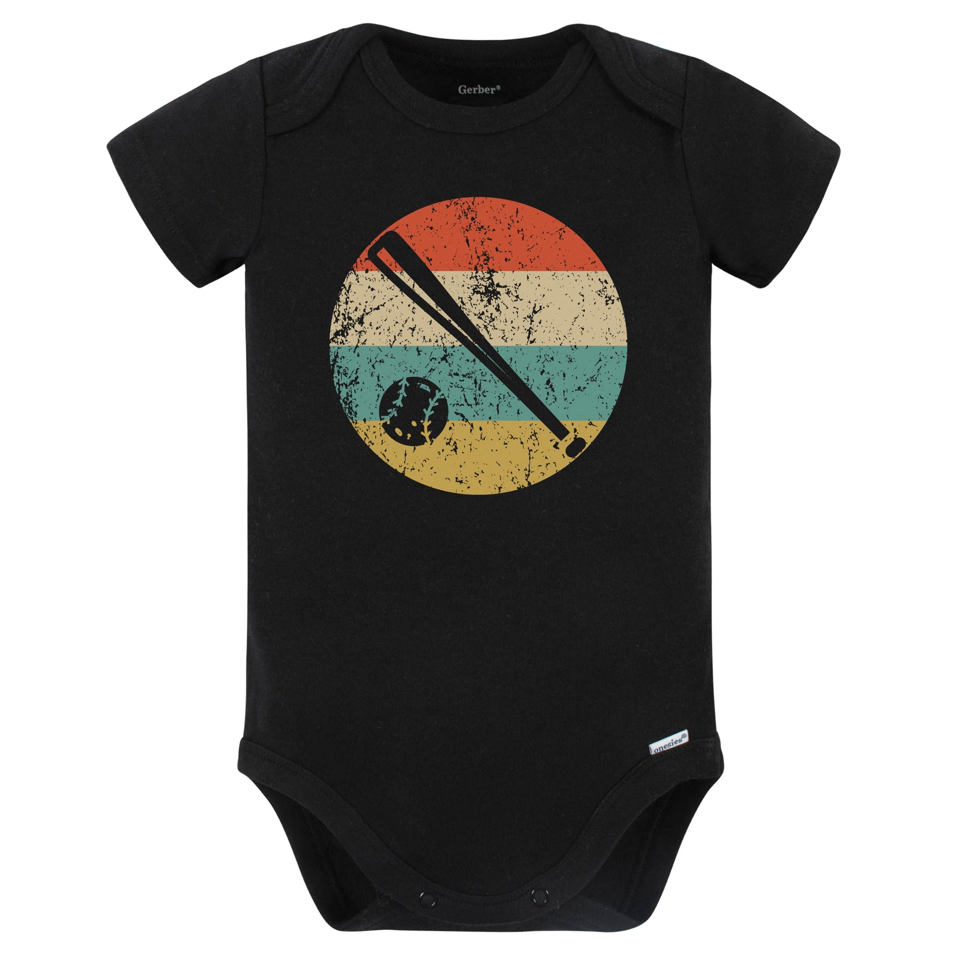 Bat and Ball Icon Retro Baseball Baby Bodysuit (Black)