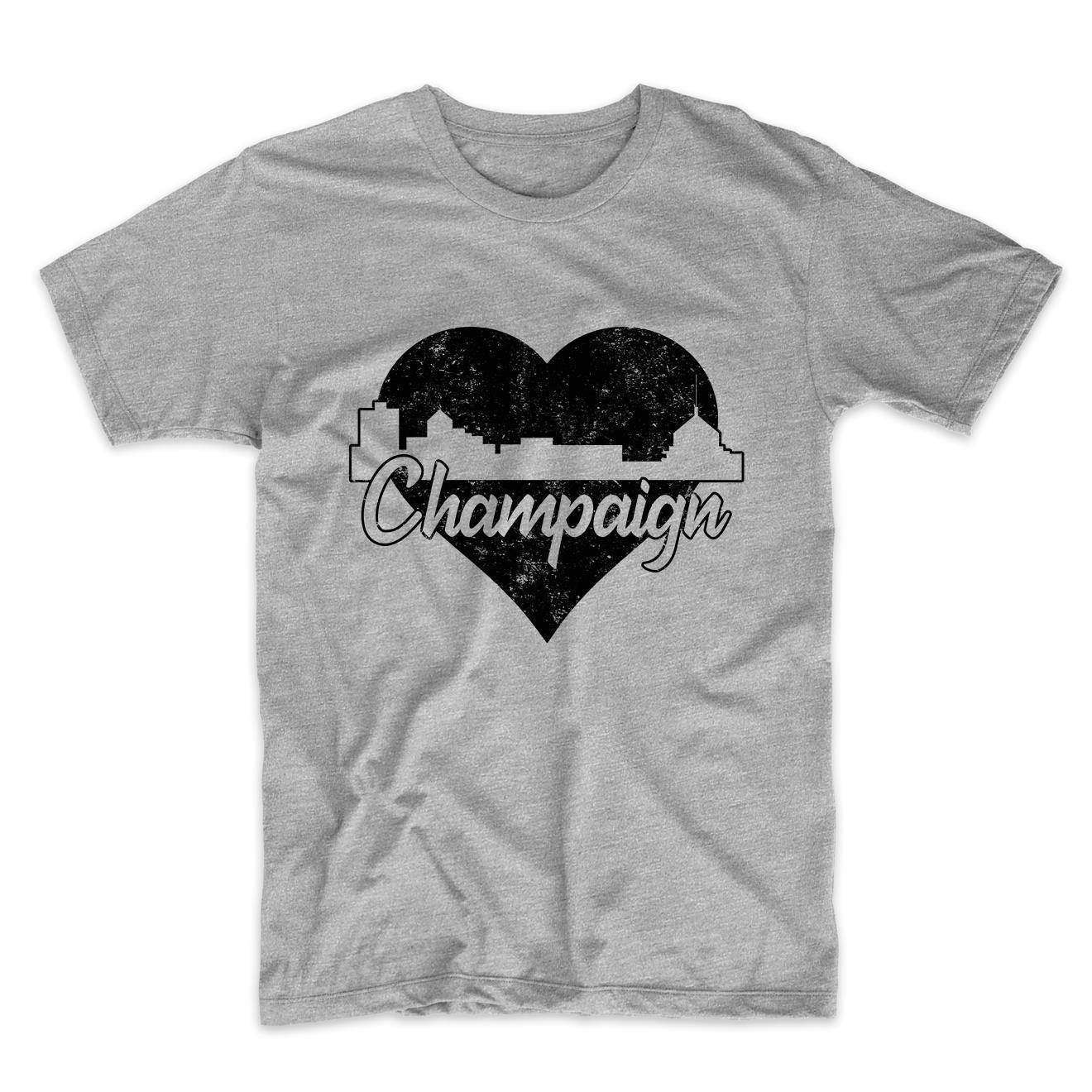 Retro Champaign Illinois Skyline Heart Distressed T-Shirt