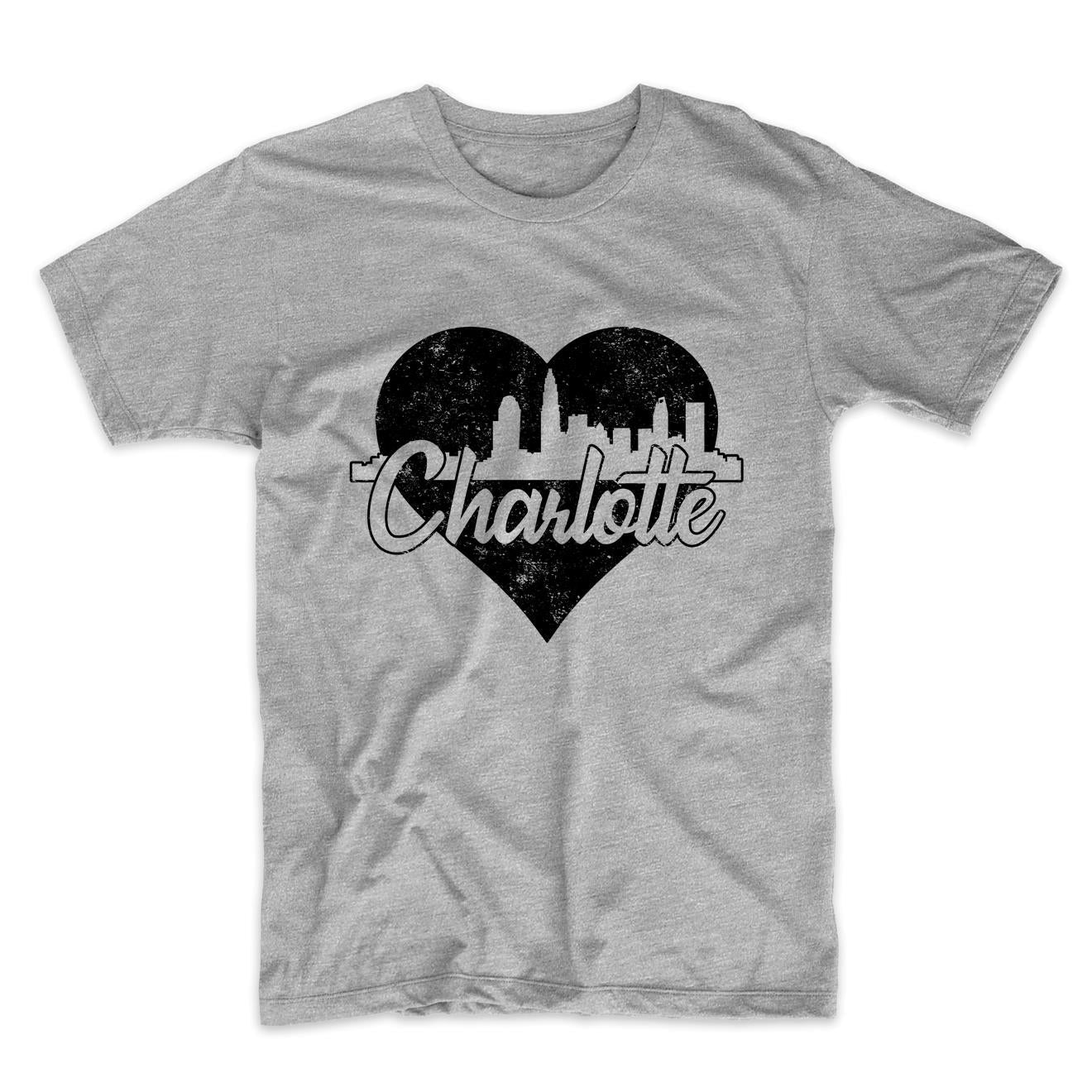 Retro Charlotte North Carolina Skyline Heart Distressed T-Shirt