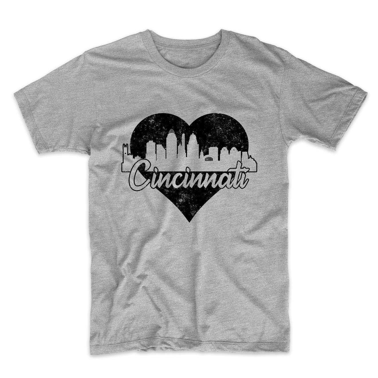 Retro Cincinnati Ohio Skyline Heart Distressed T-Shirt