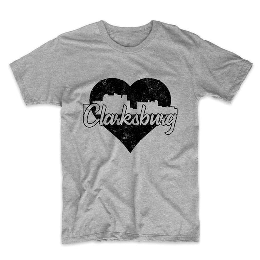 Retro Clarksburg West Virginia Skyline Heart Distressed T-Shirt