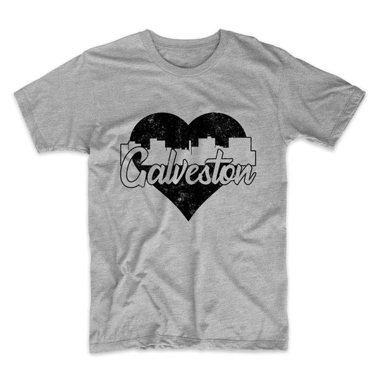 Retro Galveston Texas Skyline Heart Distressed T-Shirt