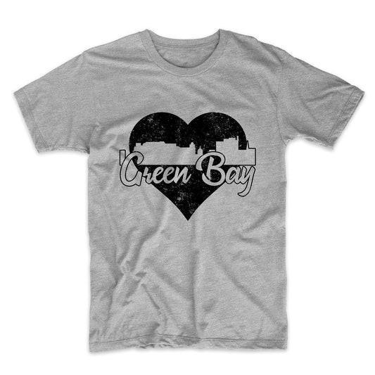 Retro Green Bay Wisconsin Skyline Heart Distressed T-Shirt