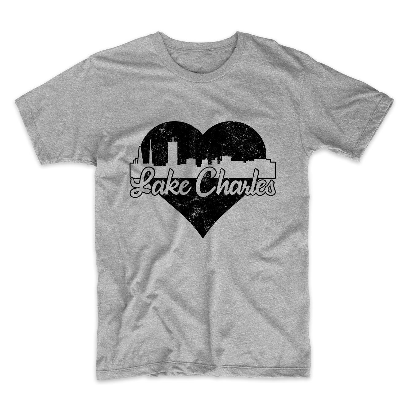Retro Lake Charles Louisiana Skyline Heart Distressed T-Shirt
