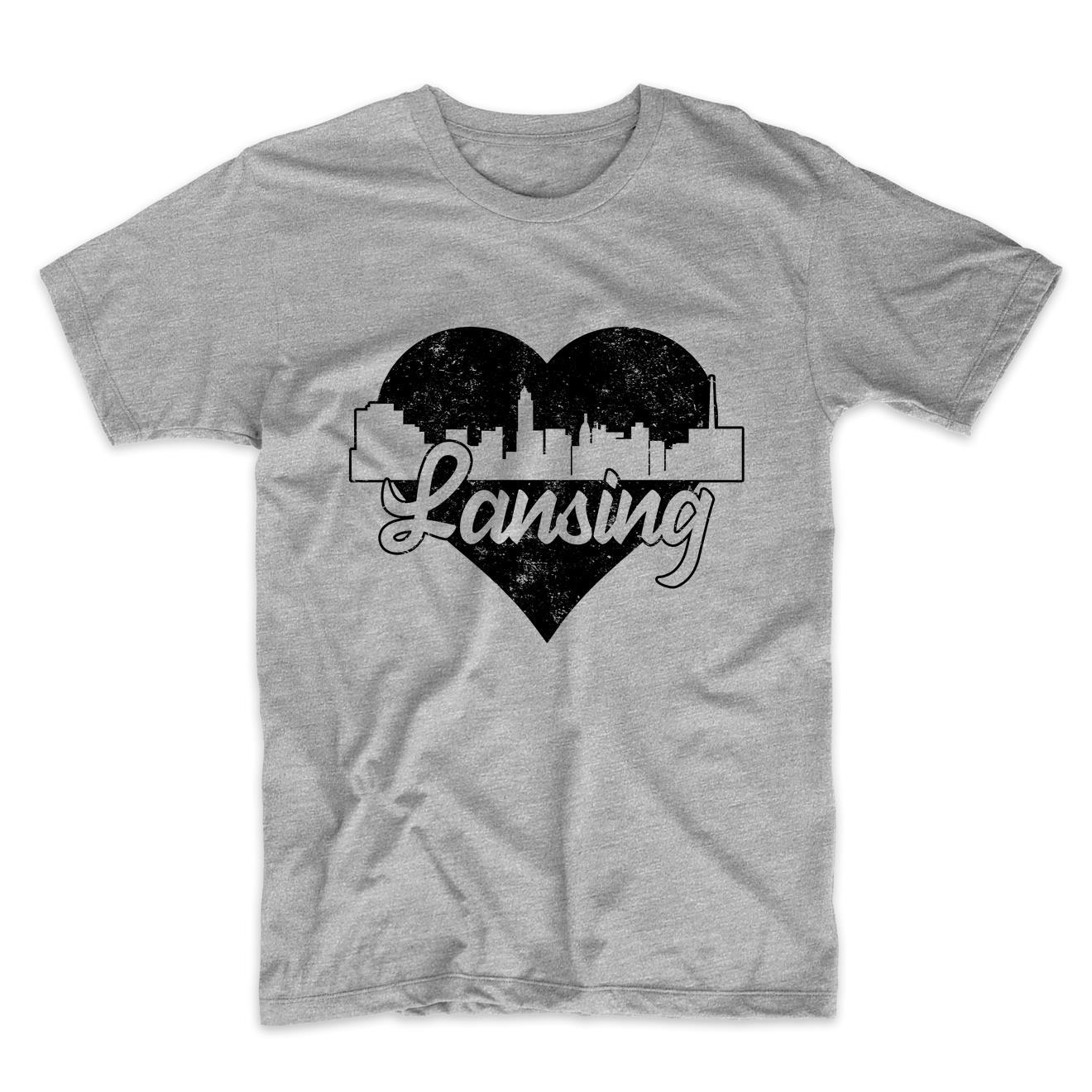 Retro Lansing Michigan Skyline Heart Distressed T-Shirt