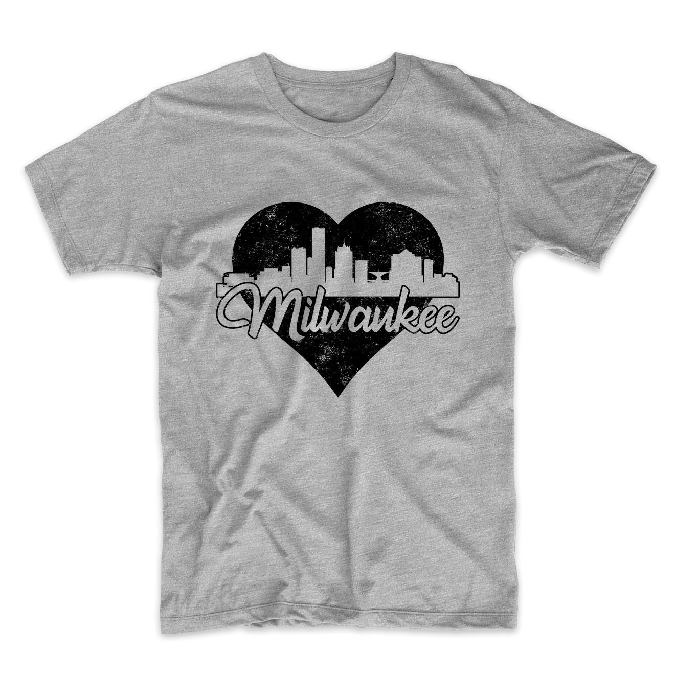 Retro Milwaukee Wisconsin Skyline Heart Distressed T-Shirt