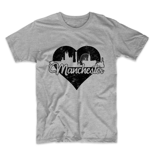 Retro Manchester England Skyline Heart Distressed T-Shirt