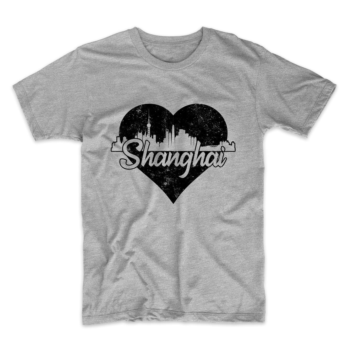 Retro Shanghai China Skyline Heart Distressed T-Shirt