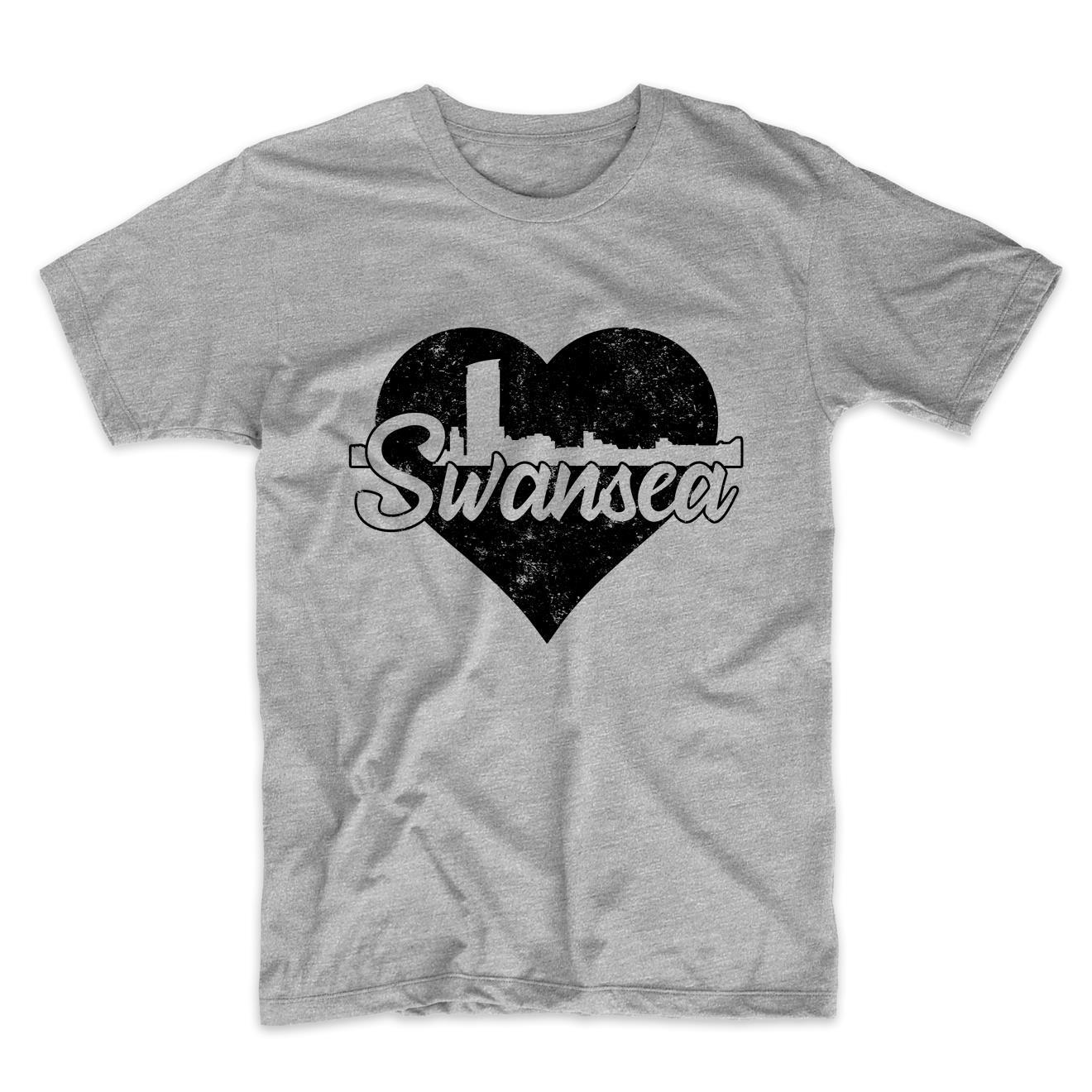 Retro Swansea Wales Skyline Heart Distressed T-Shirt