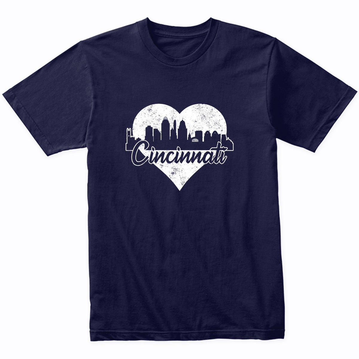 Retro Cincinnati Ohio Skyline Heart Distressed T-Shirt
