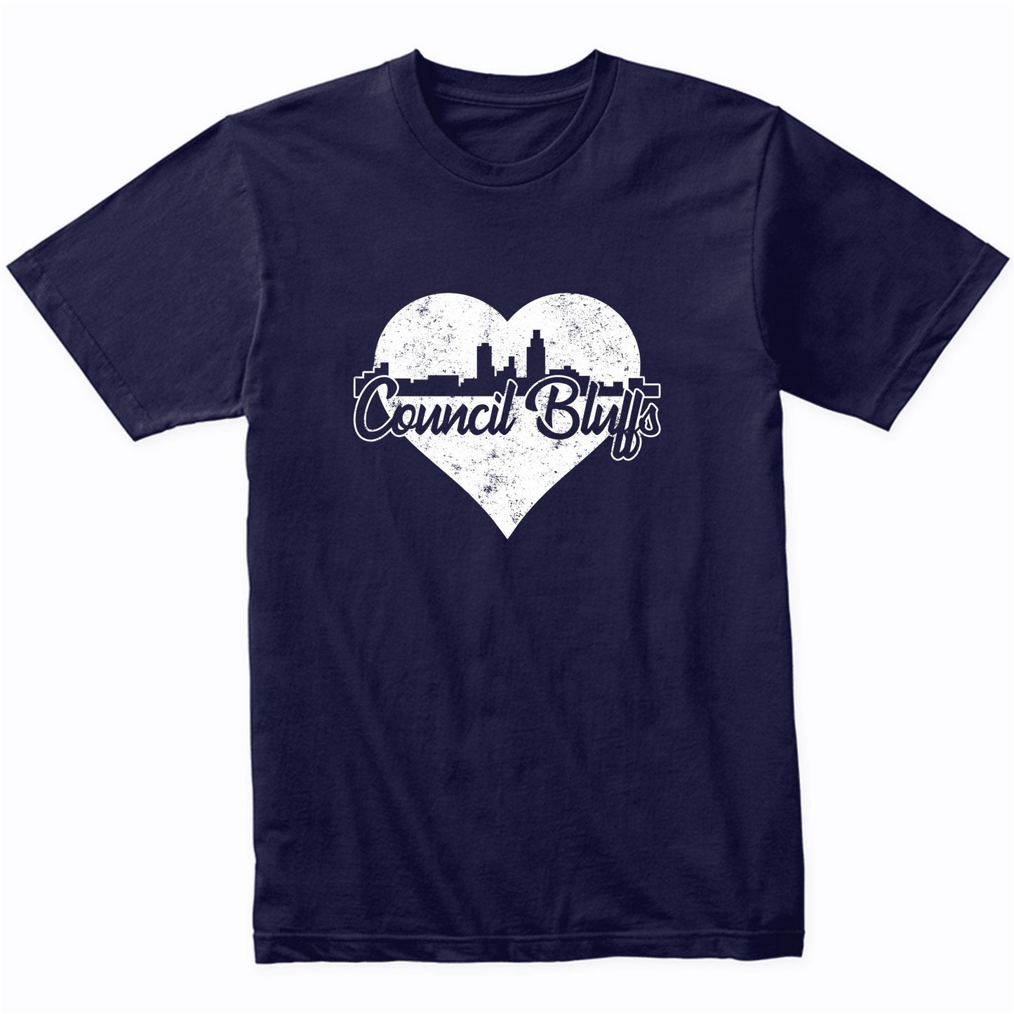 Retro Council Bluffs Iowa Skyline Heart Distressed T-Shirt