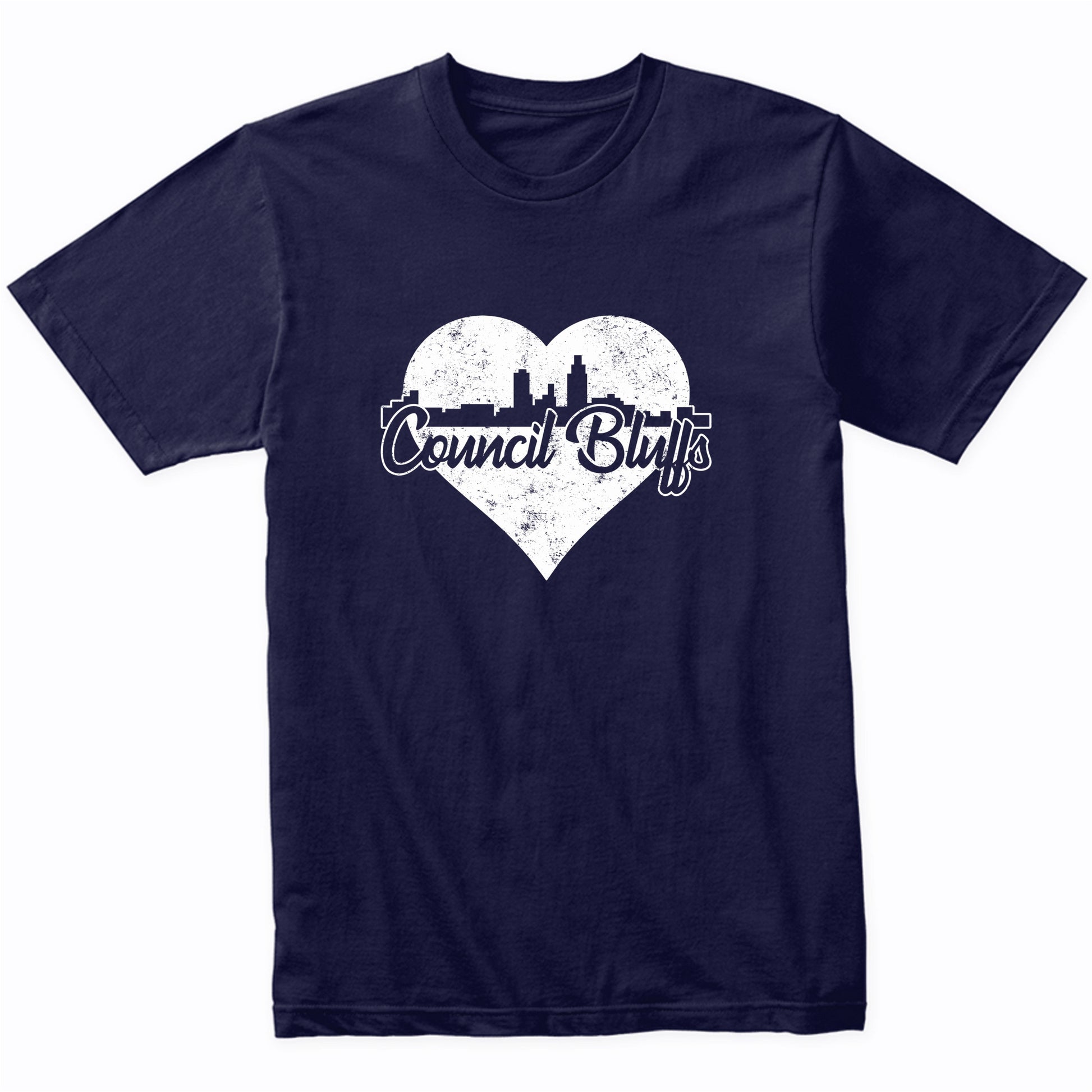 Retro Council Bluffs Iowa Skyline Heart Distressed T-Shirt