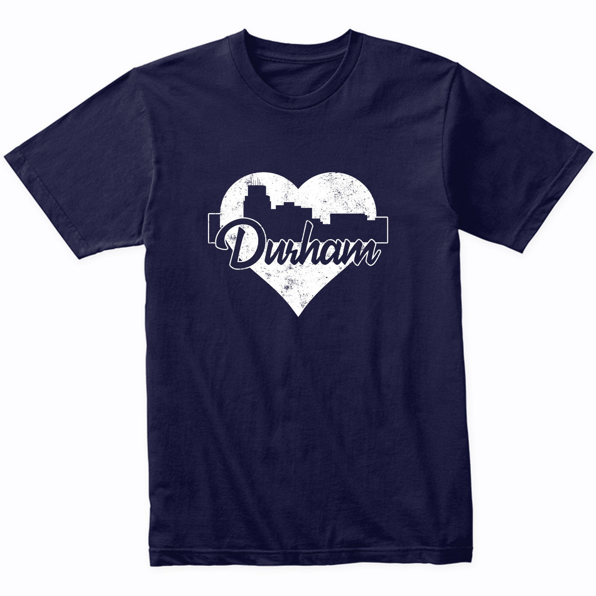 Retro Durham North Carolina Skyline Heart Distressed T-Shirt
