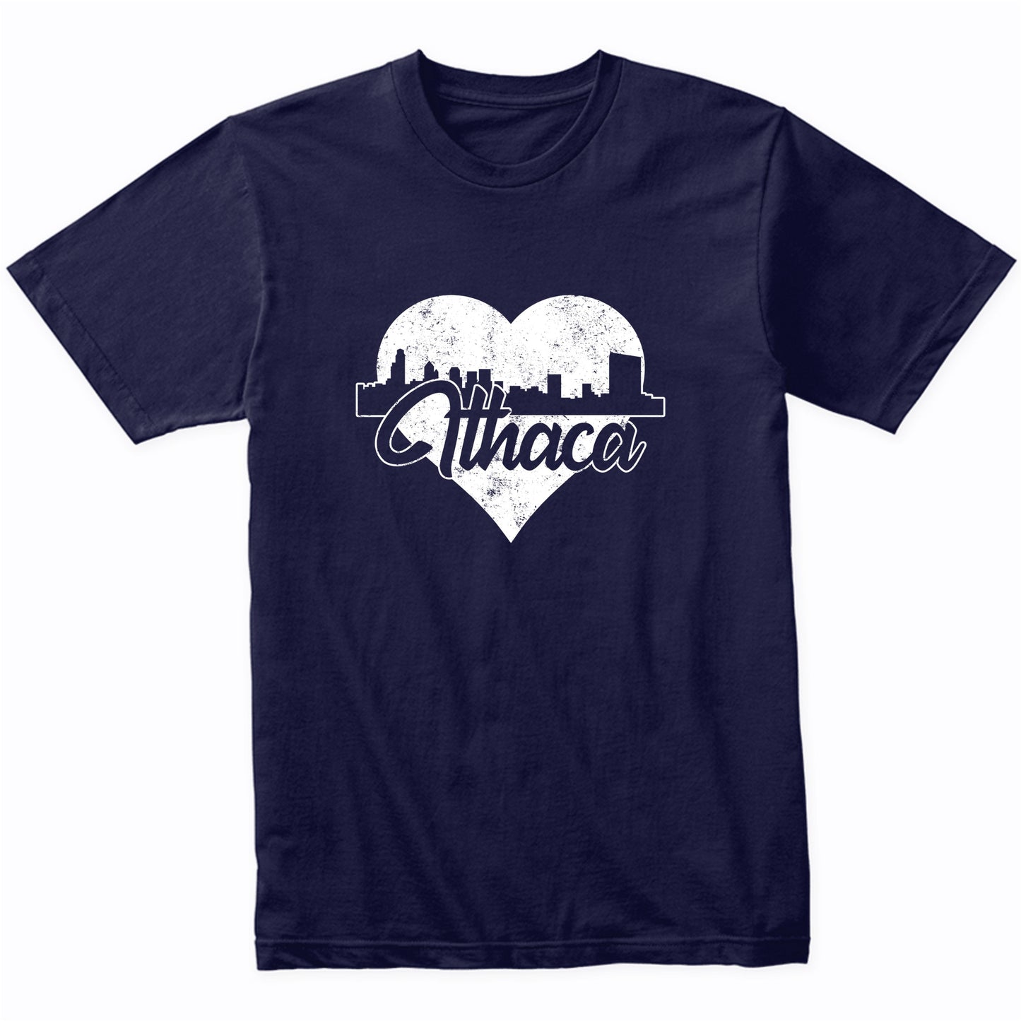 Retro Ithaca New York Skyline Heart Distressed T-Shirt